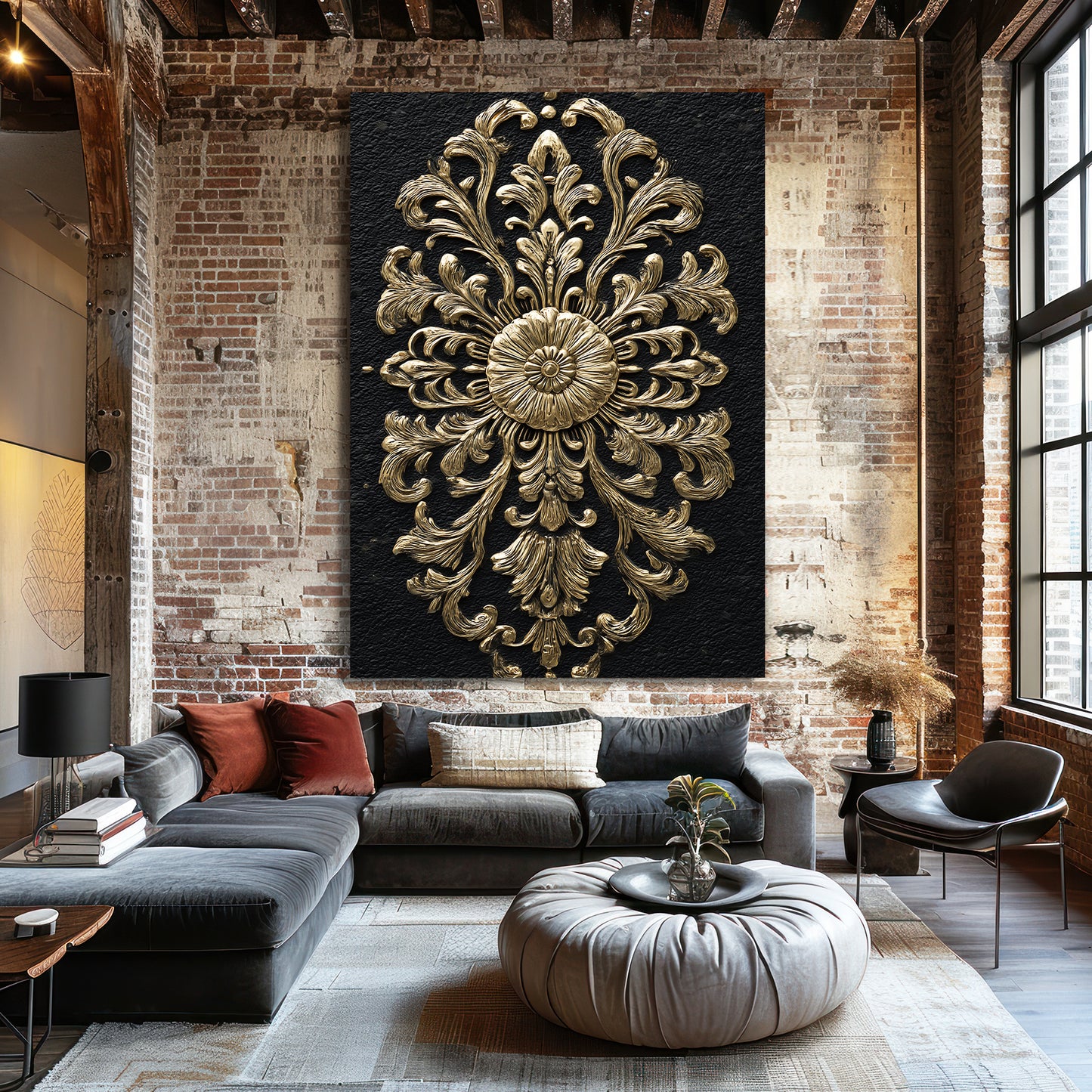 Baroque Rosette Relief Gold Canvas – styled in a furnished interior