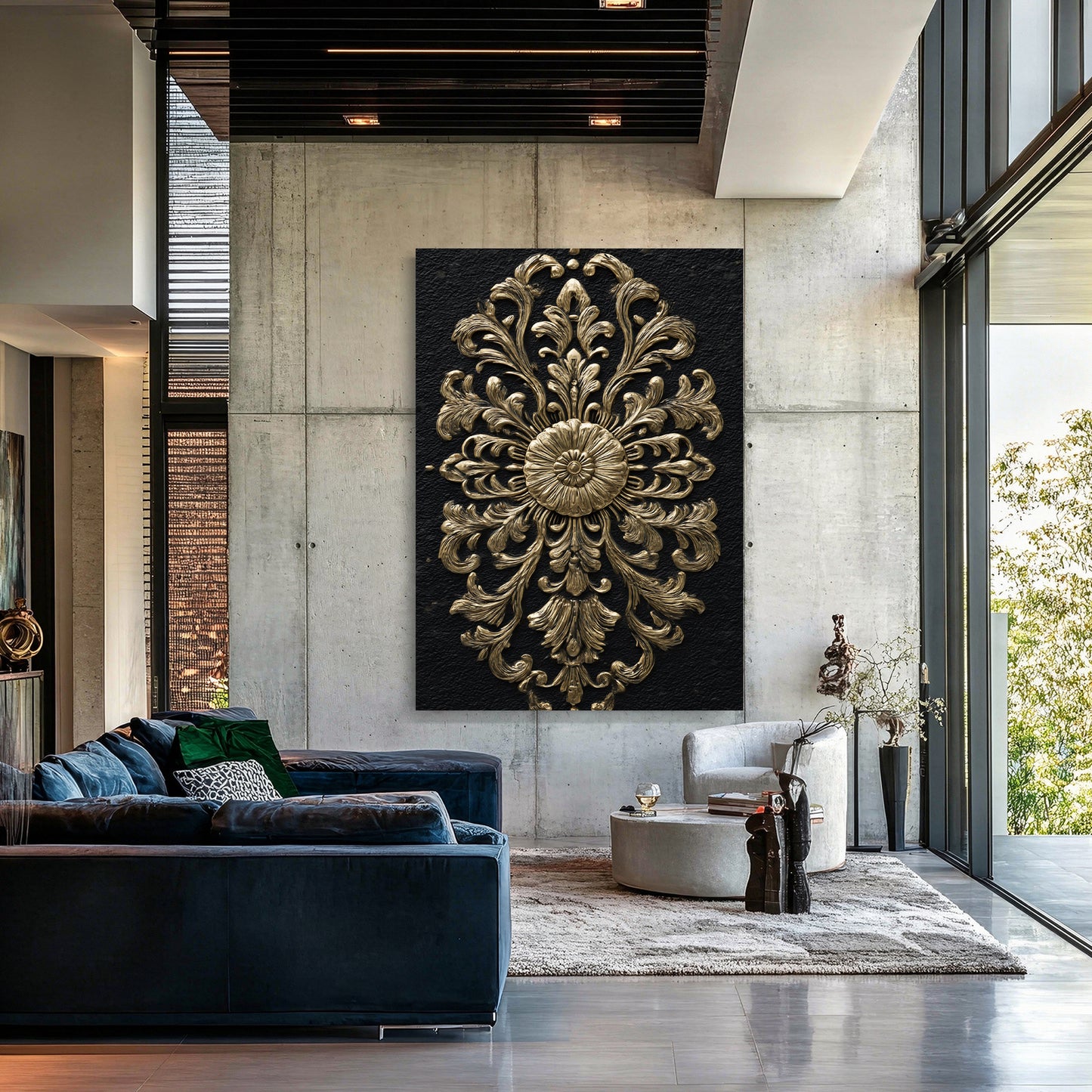 Baroque Rosette Relief Gold Canvas – styled in a furnished interior