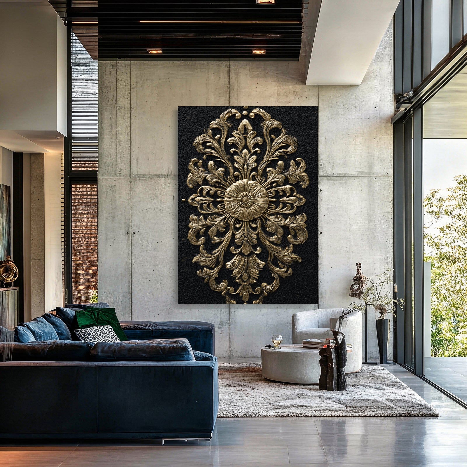Baroque Rosette Relief Gold Canvas – styled in a furnished interior
