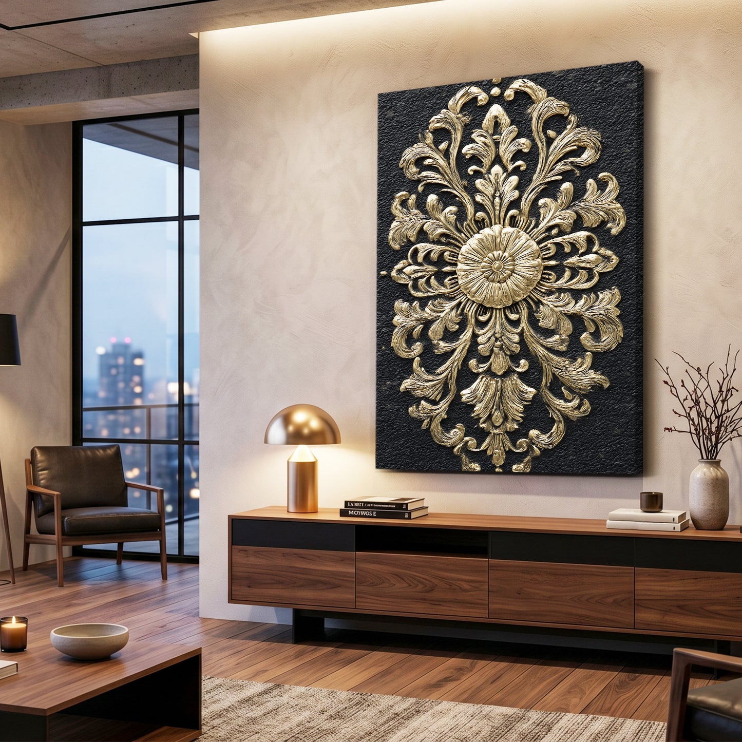 Baroque Rosette Relief Gold Canvas – styled in a furnished interior