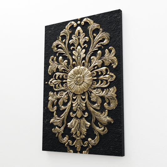 Baroque Rosette Relief Gold Canvas – angled canvas view on white background