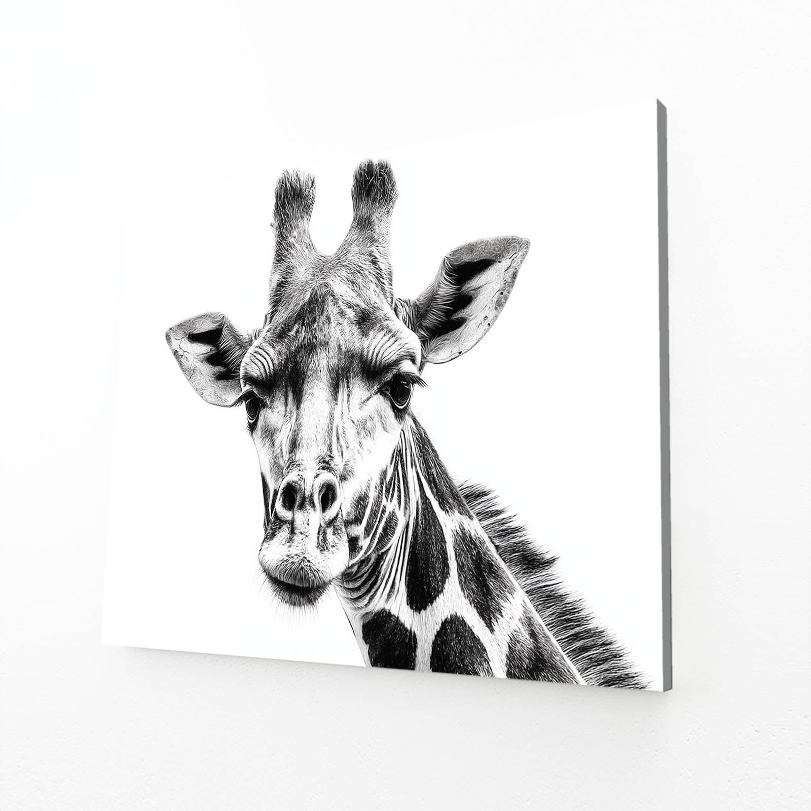 Black and white photo of a giraffe on a white background