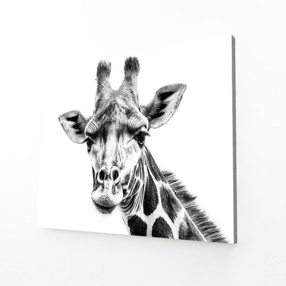 Black and white photo of a giraffe on a white background