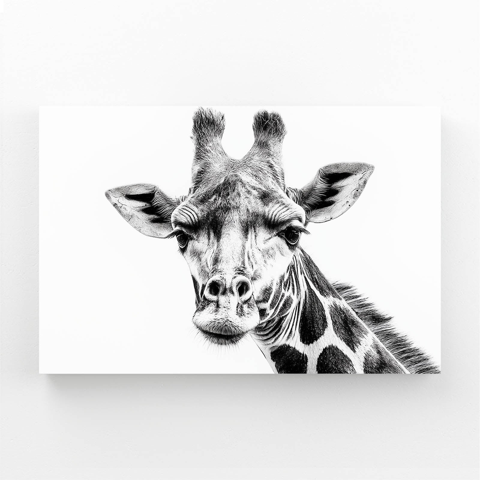 Black and white illustration of a giraffe's head on a white background