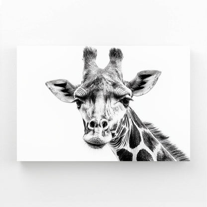 Black and white illustration of a giraffe's head on a white background