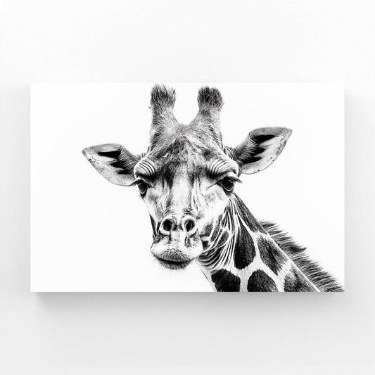 Black and white illustration of a giraffe's head on a white background
