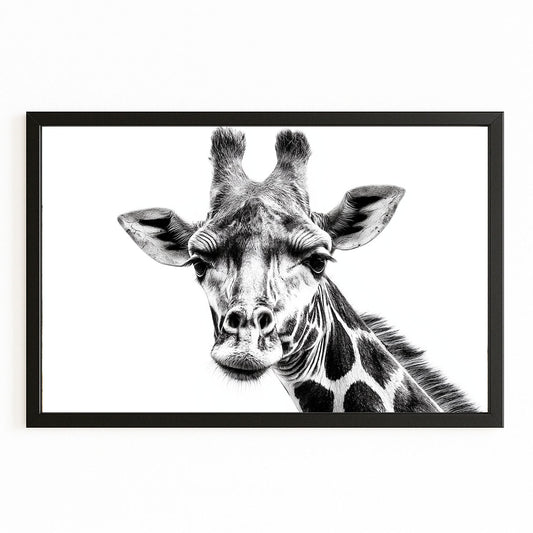 Framed black and white illustration of a giraffe's head on a white background