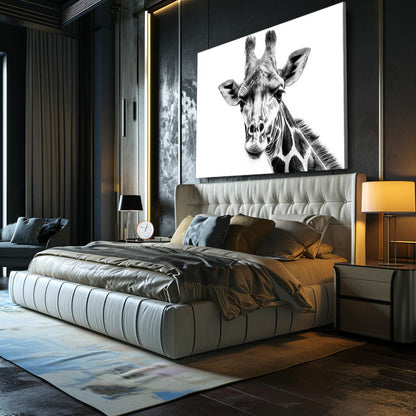 Modern bedroom with a large bed and a black and white giraffe painting on the wall.