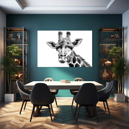Dining room with a large giraffe painting on the wall