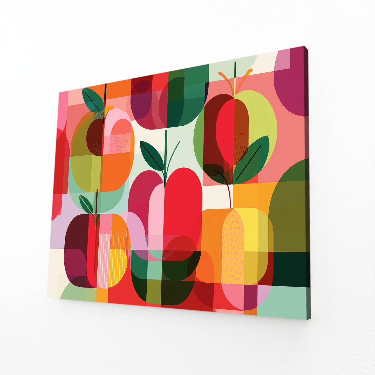 Bauhaus Apple Pattern Fruit Prints – angled canvas view on white background