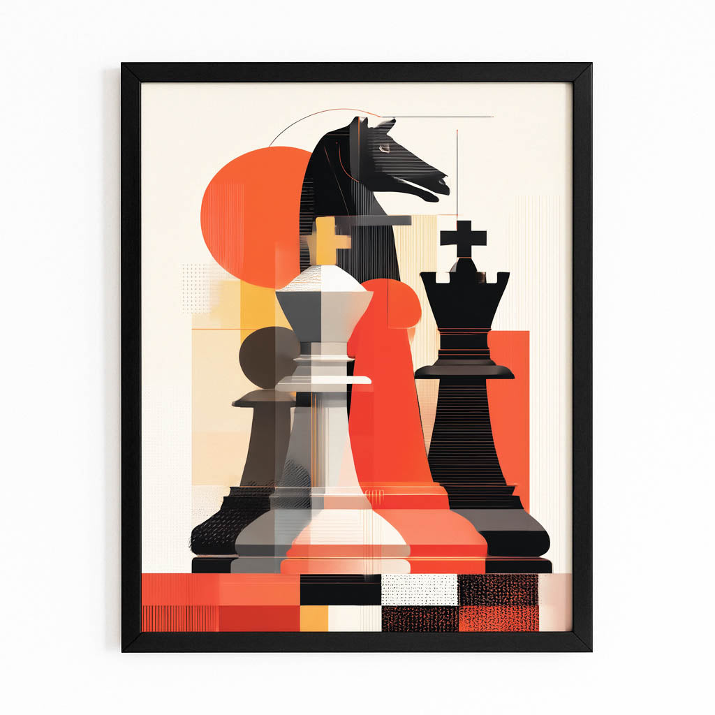 Bauhaus Knight Shapes Chess Canvas Art – with Premium Black frame on white background