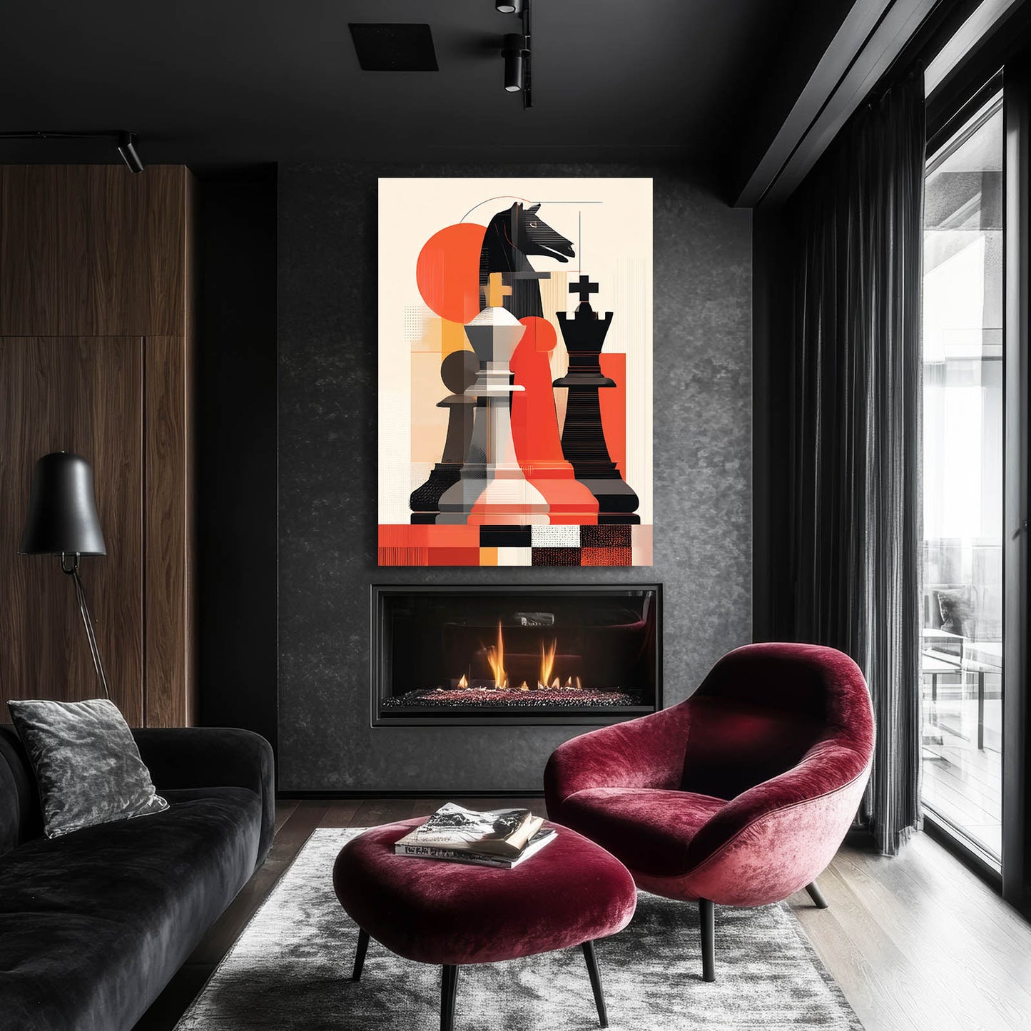 Bauhaus Knight Shapes Chess Canvas Art – styled in a furnished interior