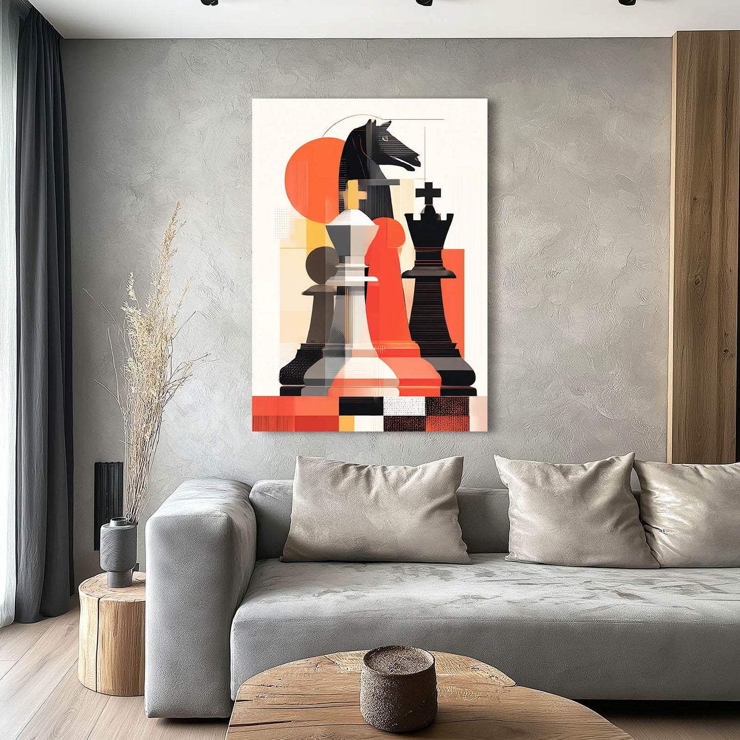 Bauhaus Knight Shapes Chess Canvas Art – styled in a furnished interior