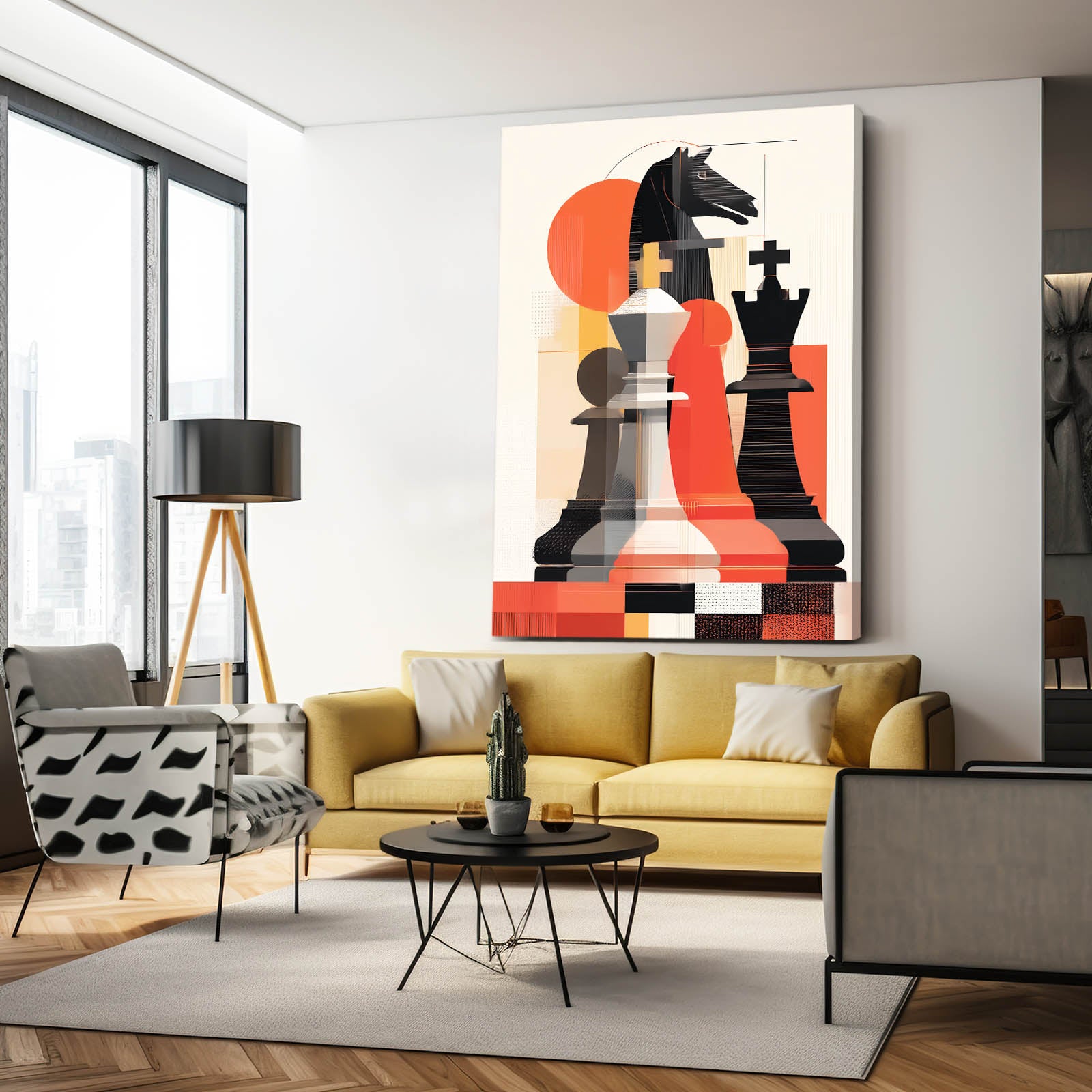 Bauhaus Knight Shapes Chess Canvas Art – styled in a furnished interior