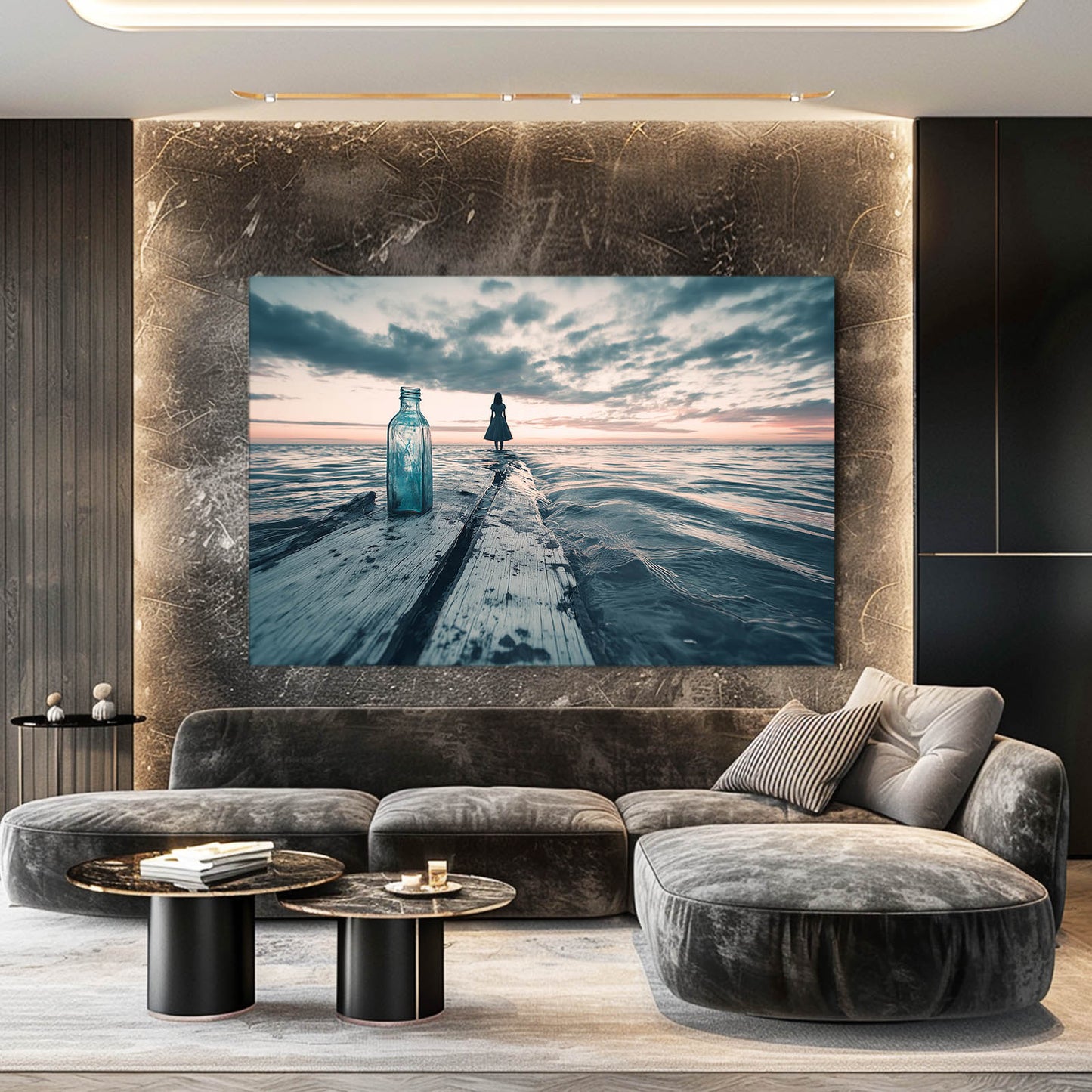 Beach Pier Bottles Photography Art – styled in a furnished interior