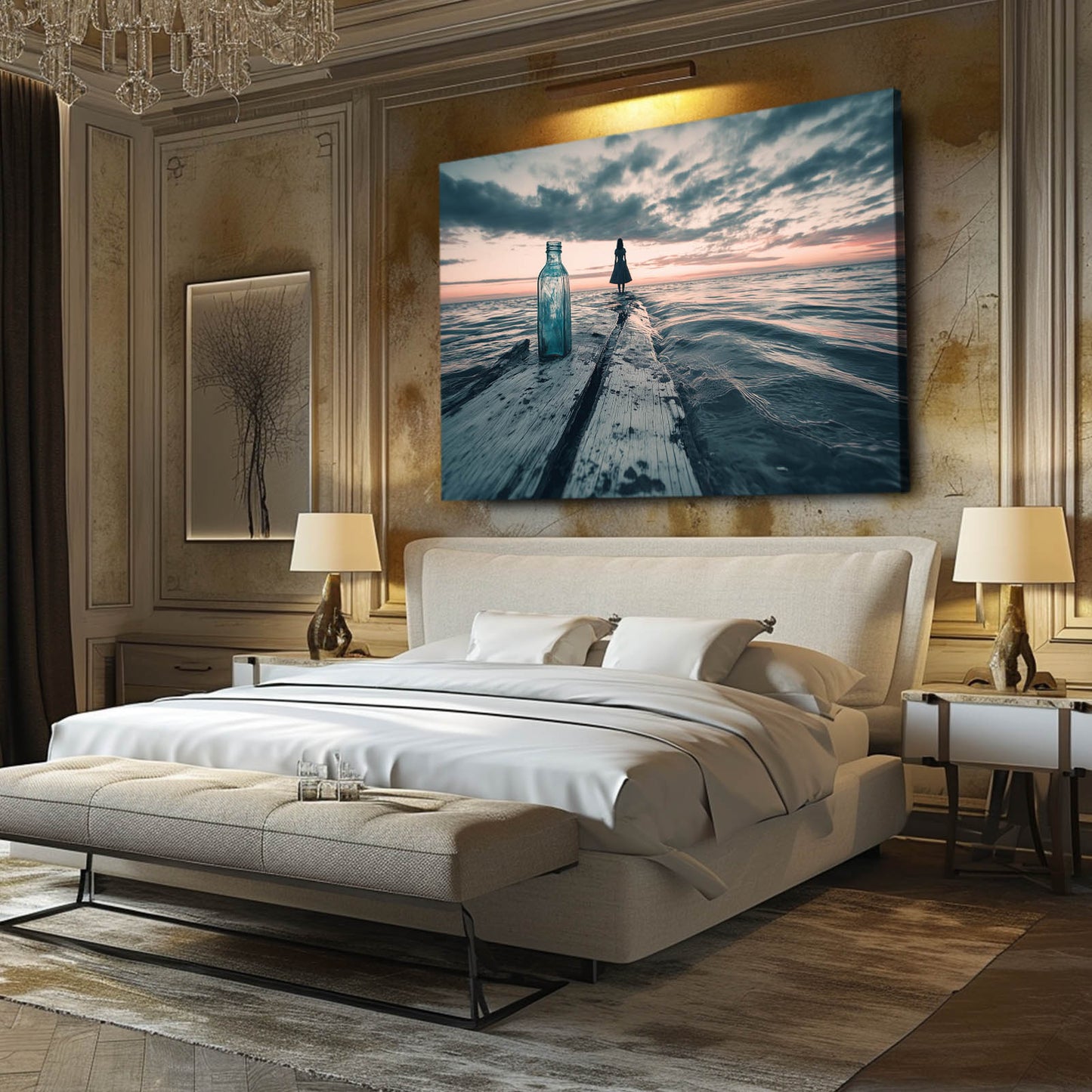 Beach Pier Bottles Photography Art – styled in a furnished interior