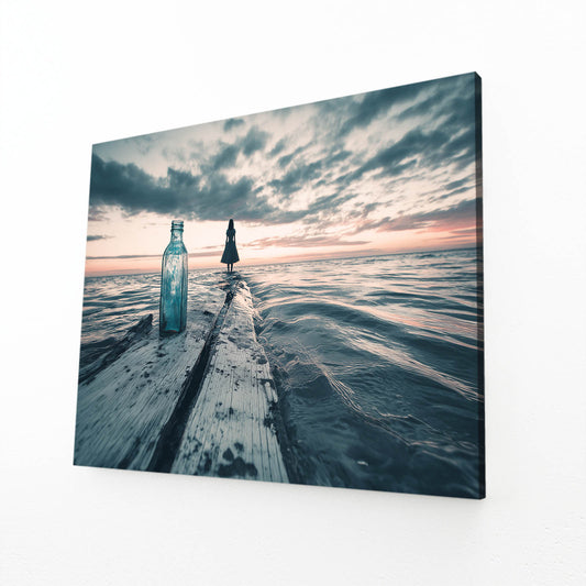 Beach Pier Bottles Photography Art – angled canvas view on white background