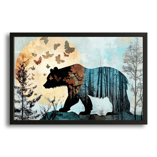 Bear And Butterfly Art — digital canvas print in blue tones, with Premium Black frame on white background