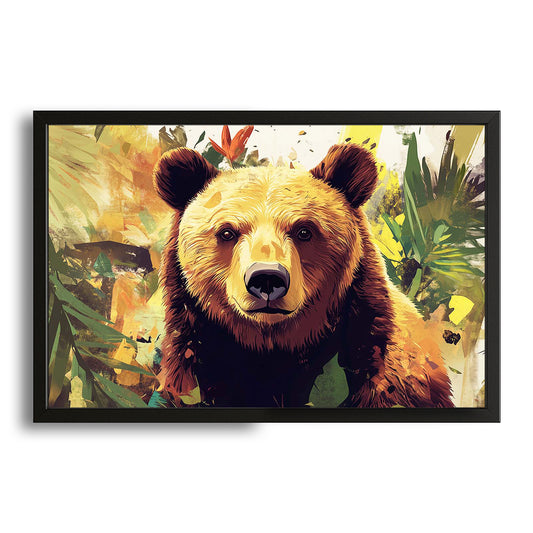Bear Art Jungle — contemporary canvas print in orange tones, with Premium Black frame on white background