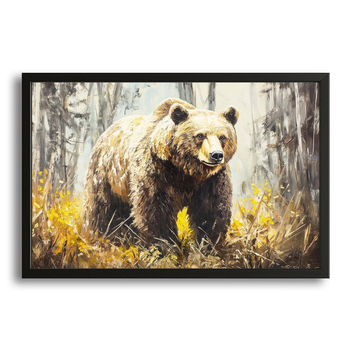 Bear Forest Art — contemporary canvas print in brown tones, with Premium Black frame on white background