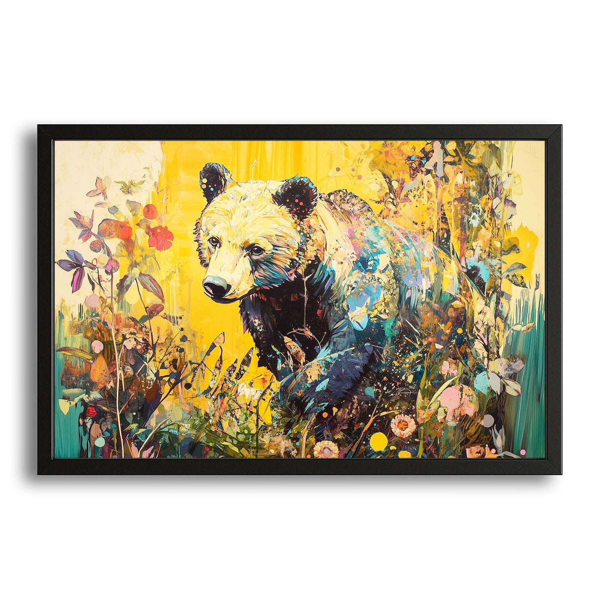 Bear Garden Art — contemporary canvas print in orange tones, with Premium Black frame on white background