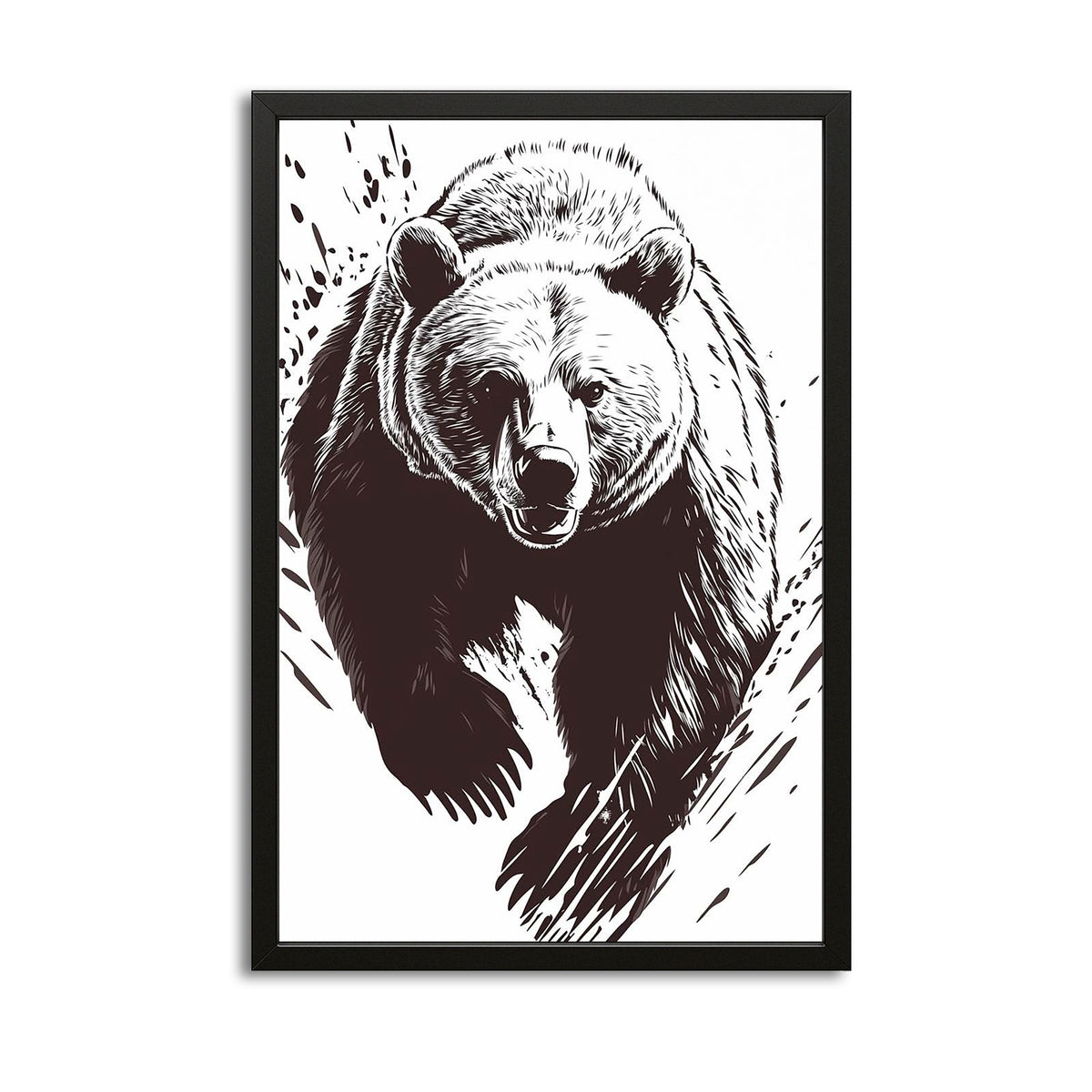 Bear Line Art — black and white canvas print in red tones, with Premium Black frame on white background