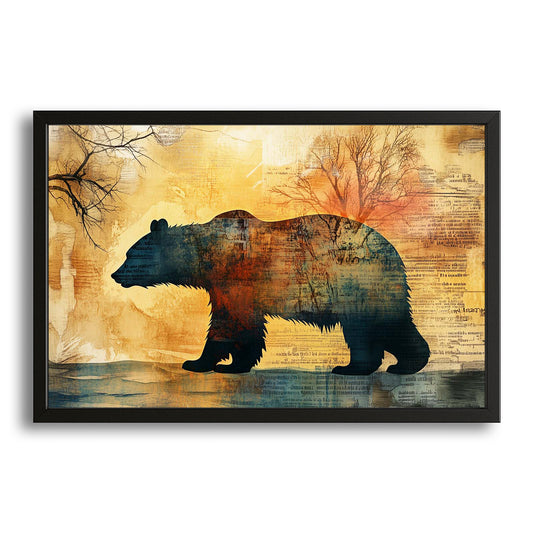 Bear Silhouette Art — contemporary canvas print in orange tones, with Premium Black frame on white background