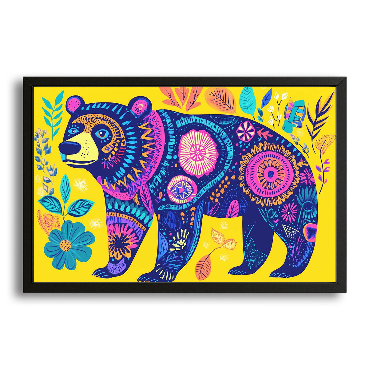 Bear Wall Art Yellow — boho canvas print in blue tones, with Premium Black frame on white background