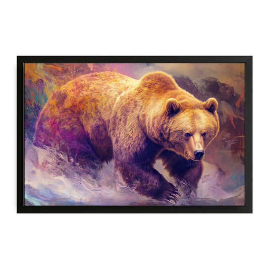 Bear Water Art — contemporary canvas print in orange tones, with Premium Black frame on white background