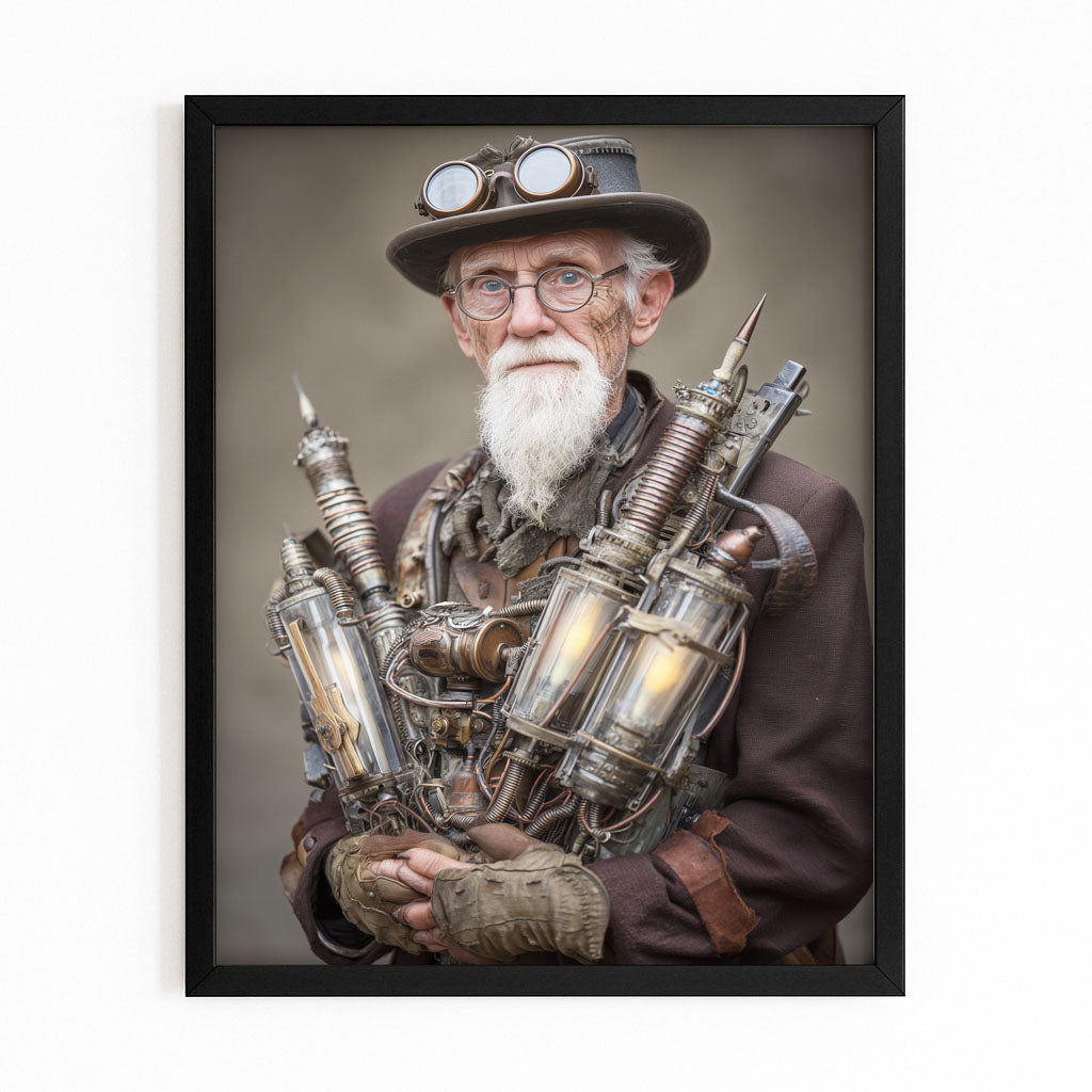 Bearded Inventor Portrait Steampunk Wall Art – with Premium Black frame on white background