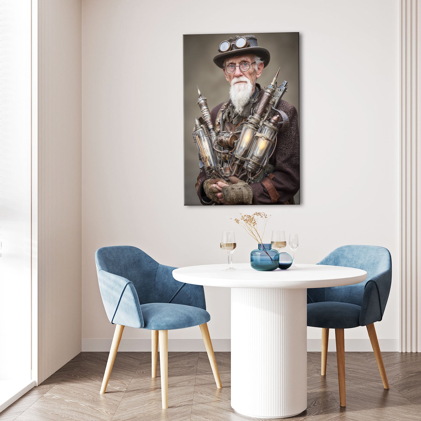 Bearded Inventor Portrait Steampunk Wall Art – styled in a furnished interior