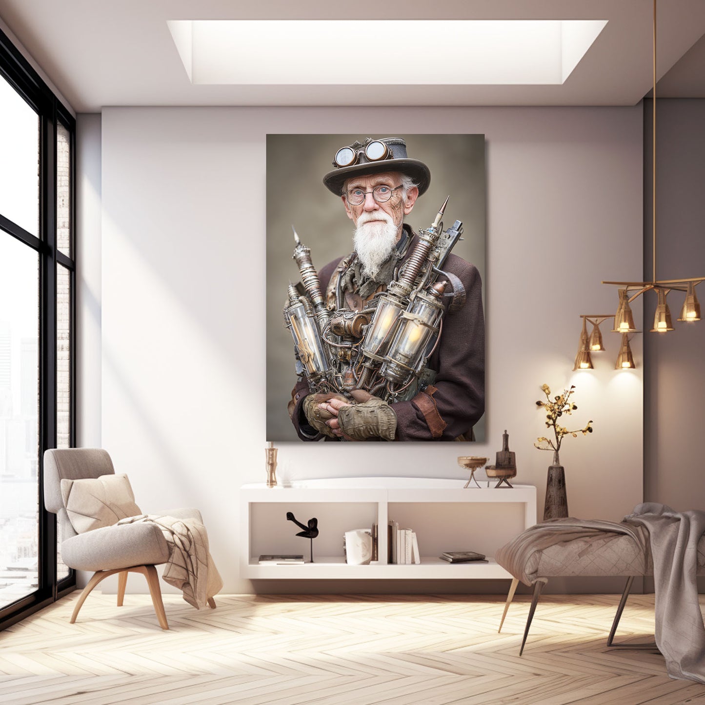 Bearded Inventor Portrait Steampunk Wall Art – styled in a furnished interior