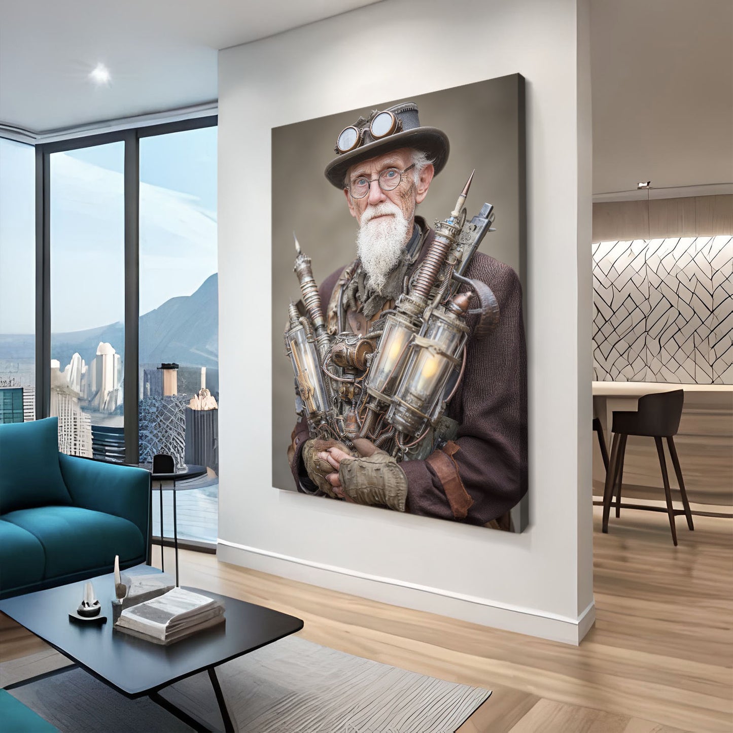 Bearded Inventor Portrait Steampunk Wall Art – styled in a furnished interior