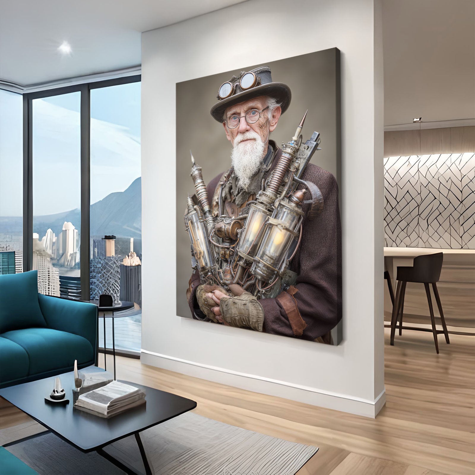 Bearded Inventor Portrait Steampunk Wall Art – styled in a furnished interior