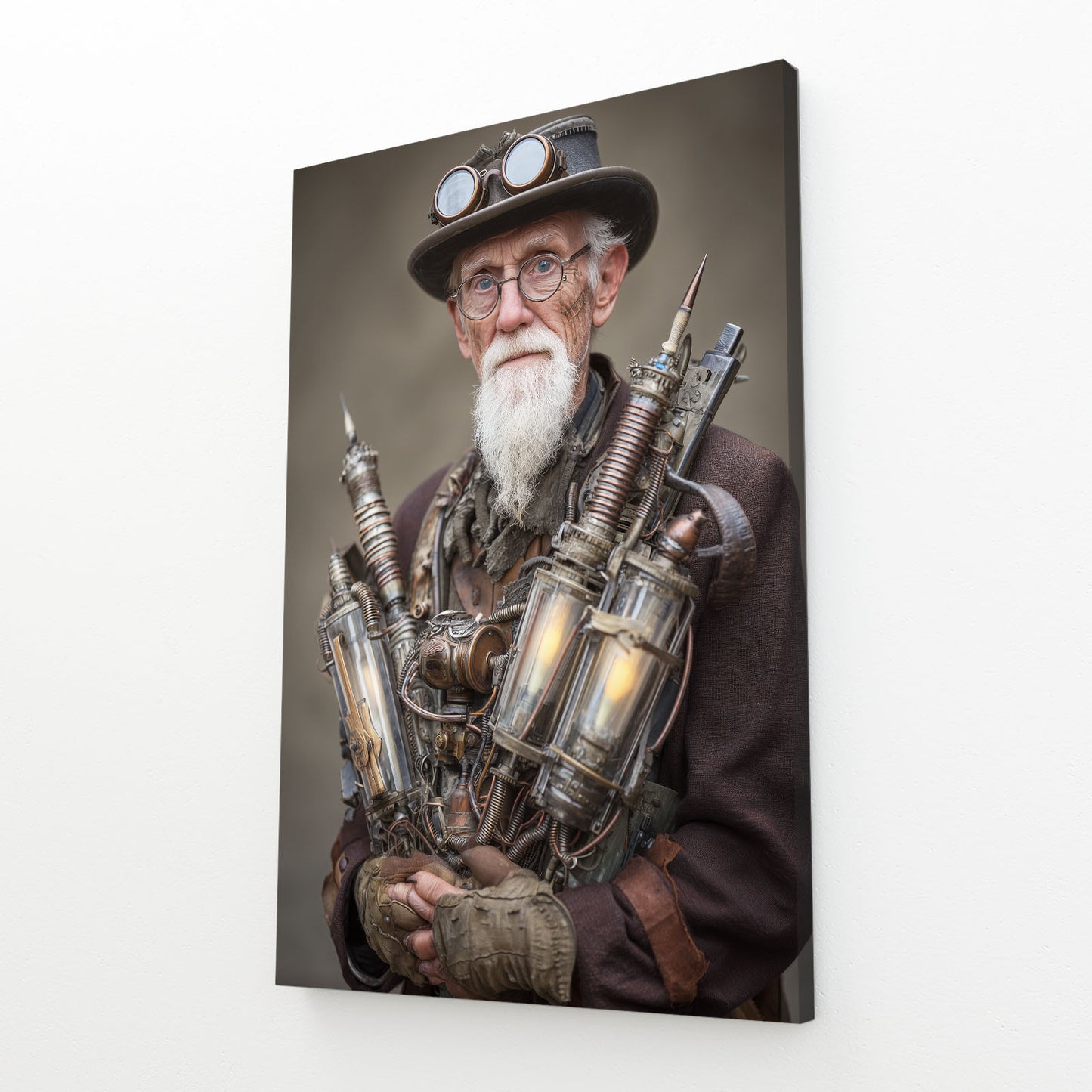 Bearded Inventor Portrait Steampunk Wall Art – angled canvas view on white background