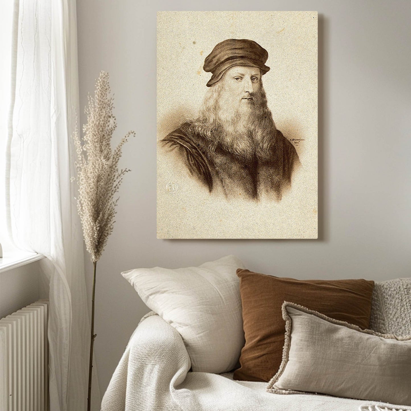 Bearded Self Portrait Da Vinci Canvas – styled in a furnished interior