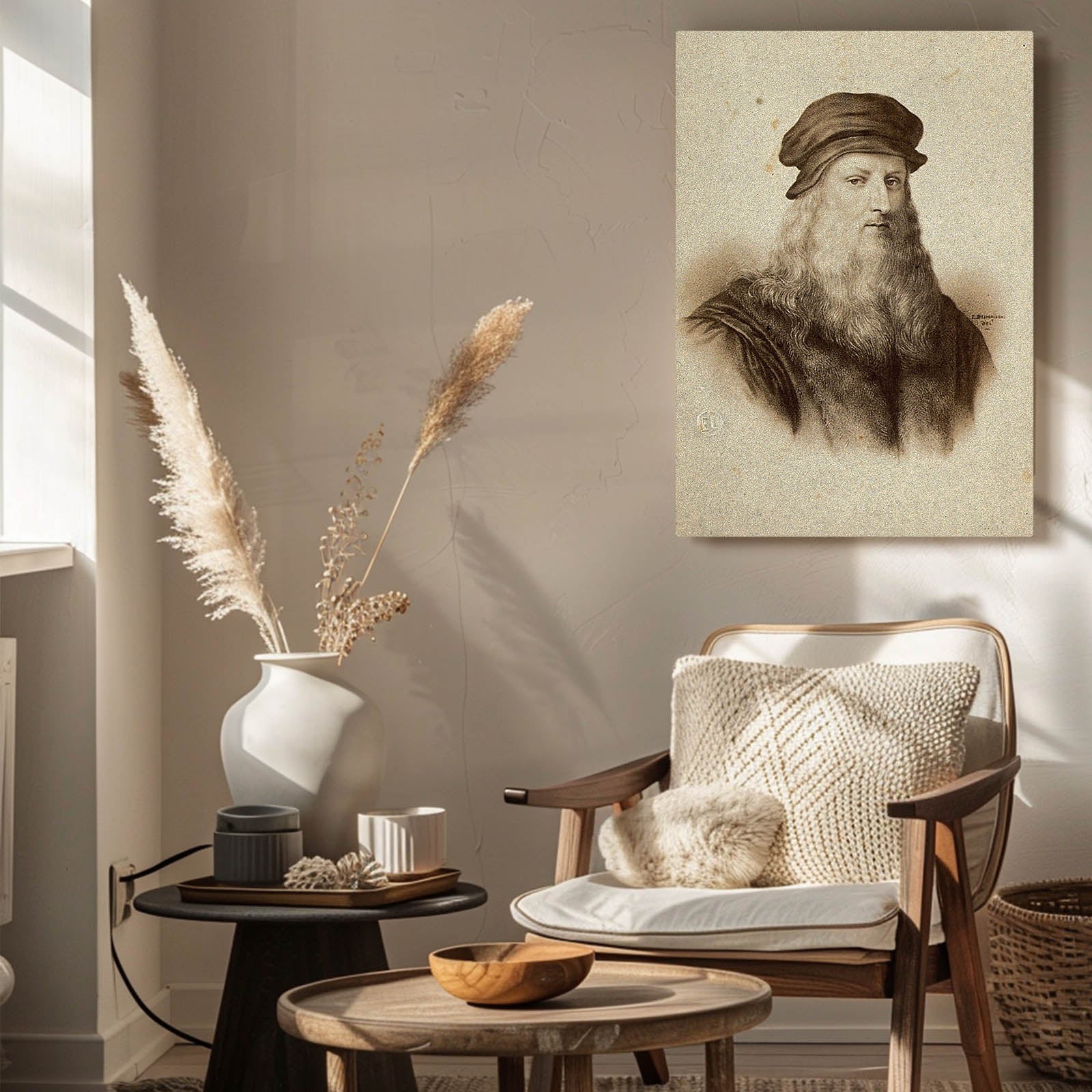 Bearded Self Portrait Da Vinci Canvas – styled in a furnished interior