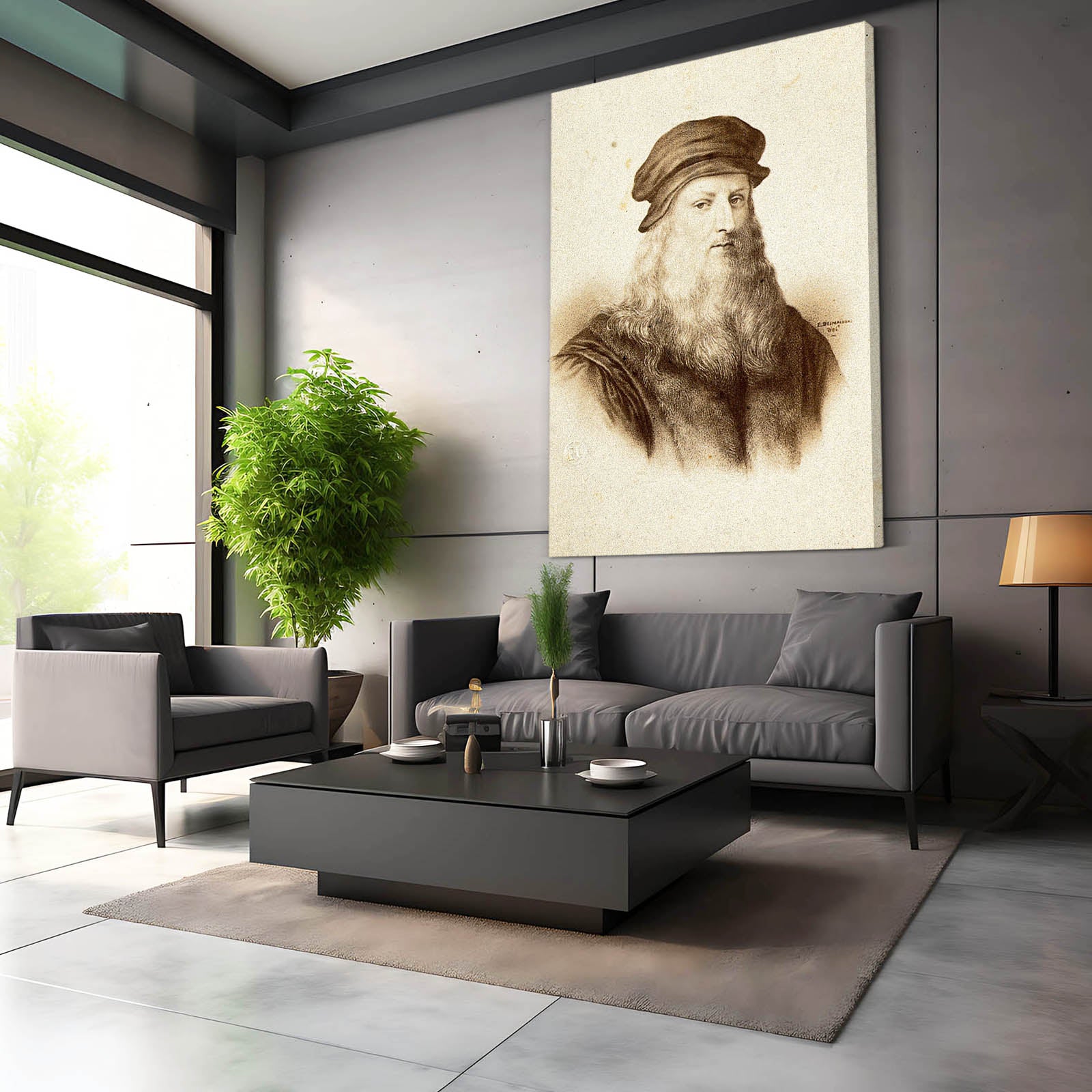 Bearded Self Portrait Da Vinci Canvas – styled in a furnished interior