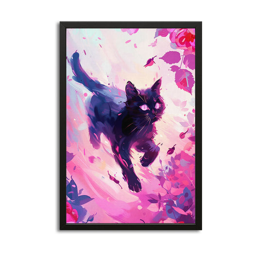 Pink Wall Art Cat — anime canvas print in pink tones, with Premium Black frame on white background