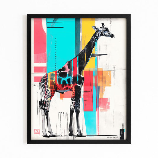 Framed artwork of a giraffe with colorful abstract background