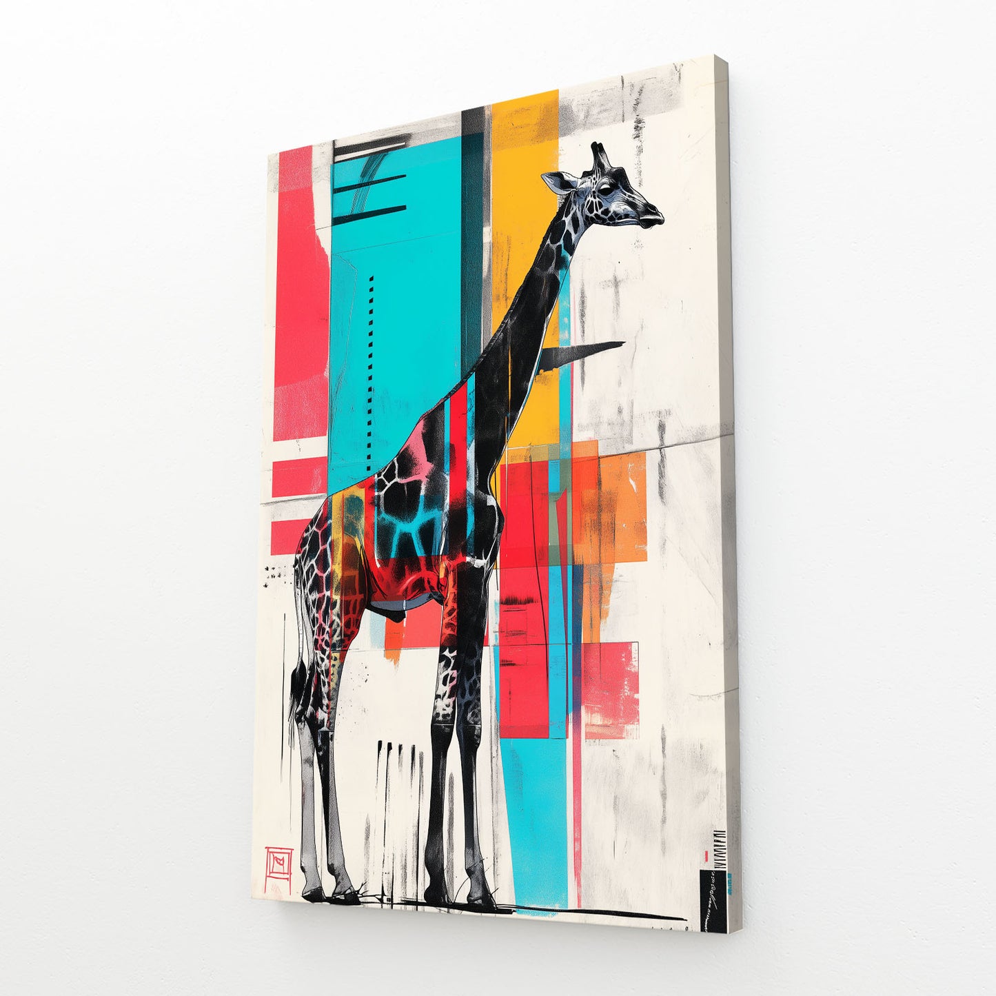 Colorful abstract painting of a giraffe on a white background