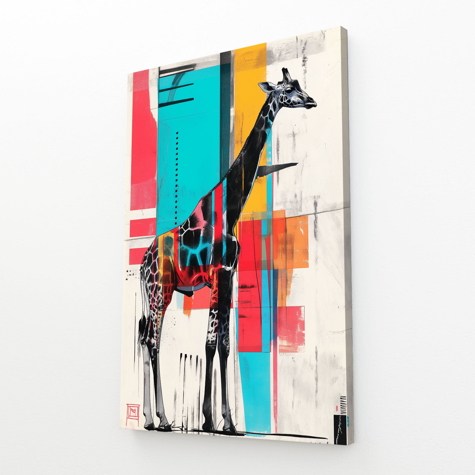 Colorful abstract painting of a giraffe on a white background