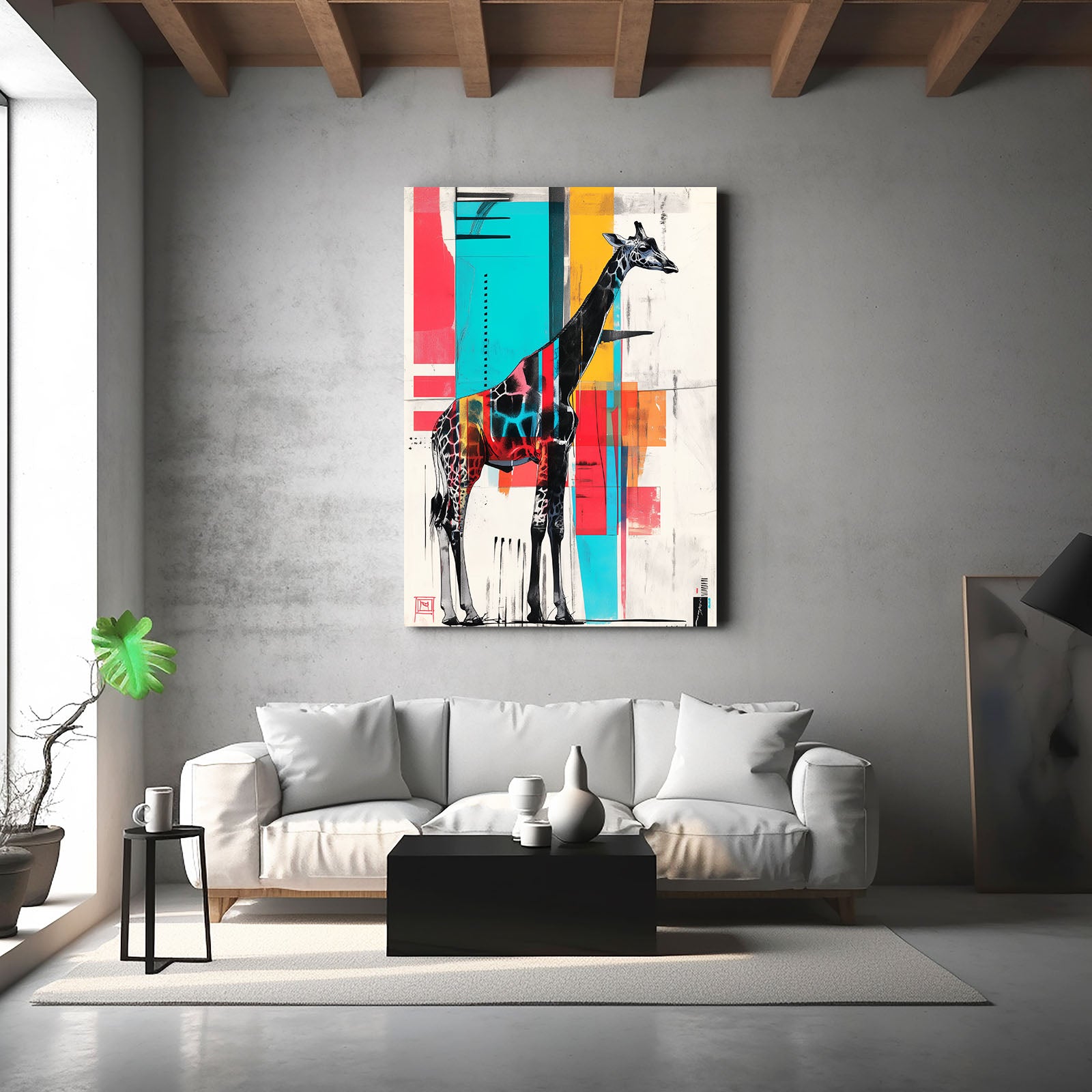 Modern living room with a gray sofa, coffee table, and colorful abstract giraffe painting on a gray wall.