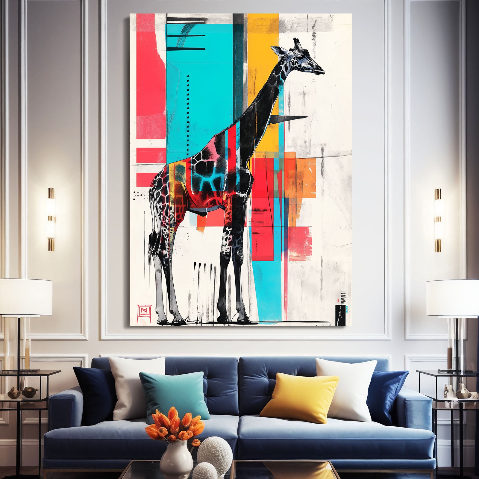 Colorful abstract painting of a giraffe on a wall above a blue sofa with decorative pillows.
