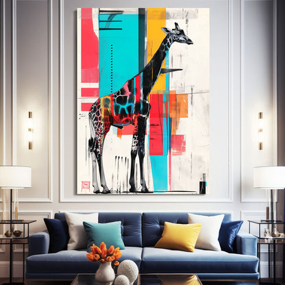 Colorful abstract painting of a giraffe on a wall above a blue sofa with decorative pillows.