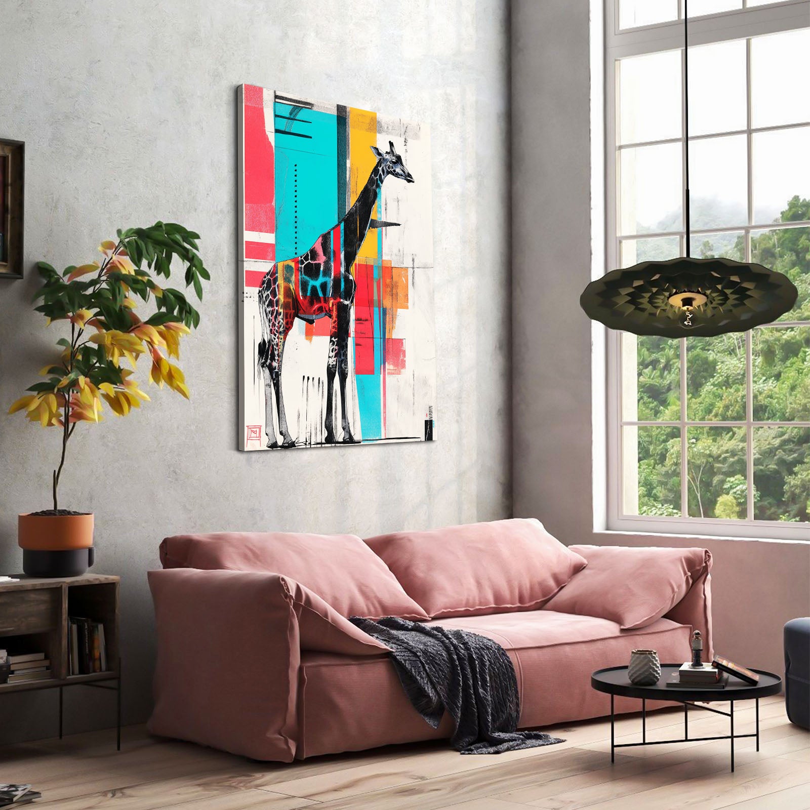 Modern living room with a pink sofa, colorful abstract painting of a giraffe, and a large window.