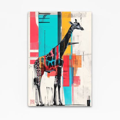 Colorful abstract painting of a giraffe with geometric shapes on a white background