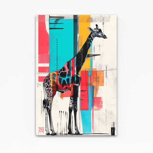 Colorful abstract painting of a giraffe with geometric shapes on a white background