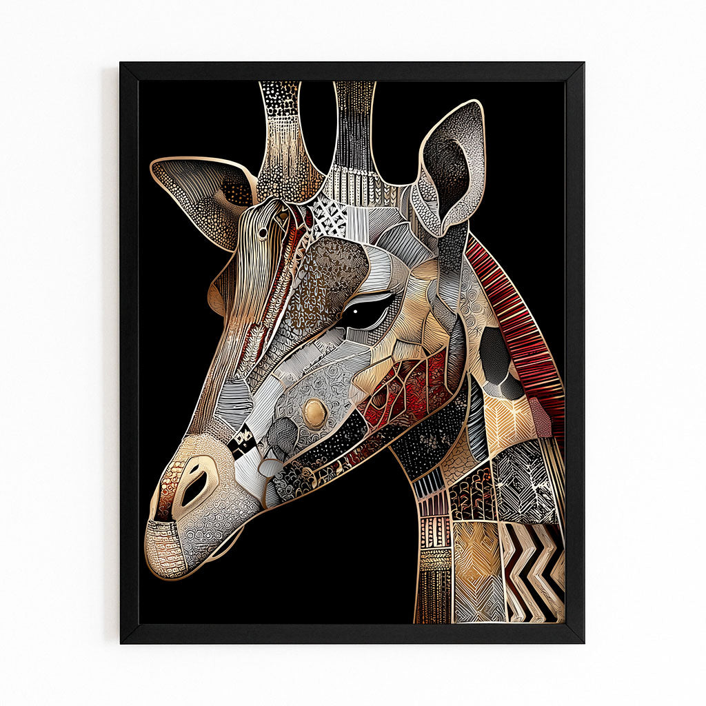 Framed artwork of a giraffe with a mosaic pattern on a black background