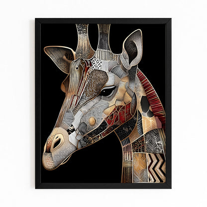 Framed artwork of a giraffe with a mosaic pattern on a black background